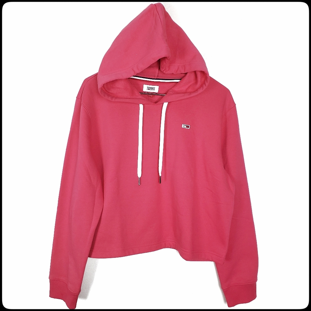 NWOT TOMMY JEANS Bright Pink Cropped Logoed Hooded Sweatshirt Size: Large